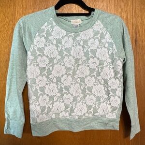 Girls Guess Green and White Crew Neck Sweatshirt with Lace Overlay